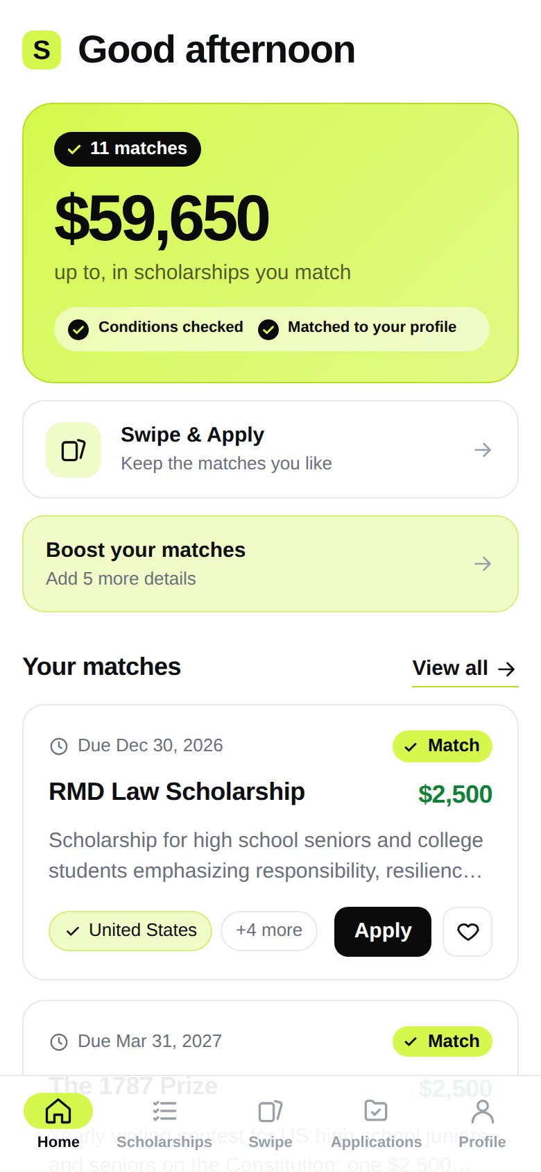 Home screen: the scholarships that match you and how much they give